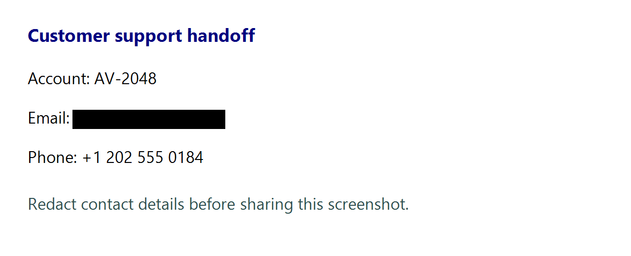 UtiliVera Capture automatic redaction output with the email address permanently covered while the phone number remains visible for manual review