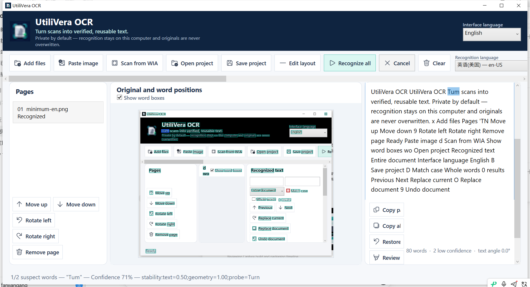 UtiliVera OCR low-confidence review showing source word boxes and a confidence explanation
